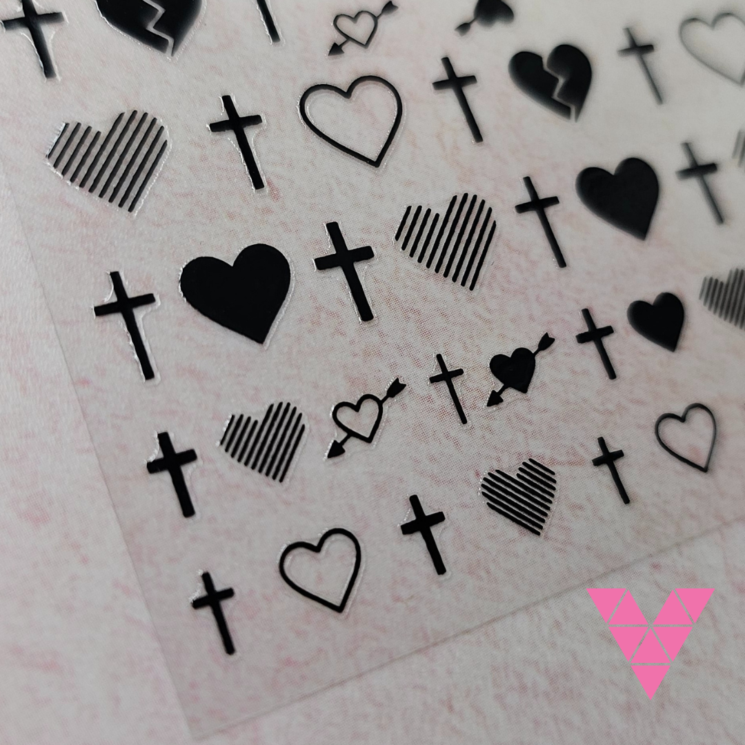Blk Heart & Cross Sticker